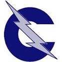 Blue letter C with a diagonal lightning bolt through it.