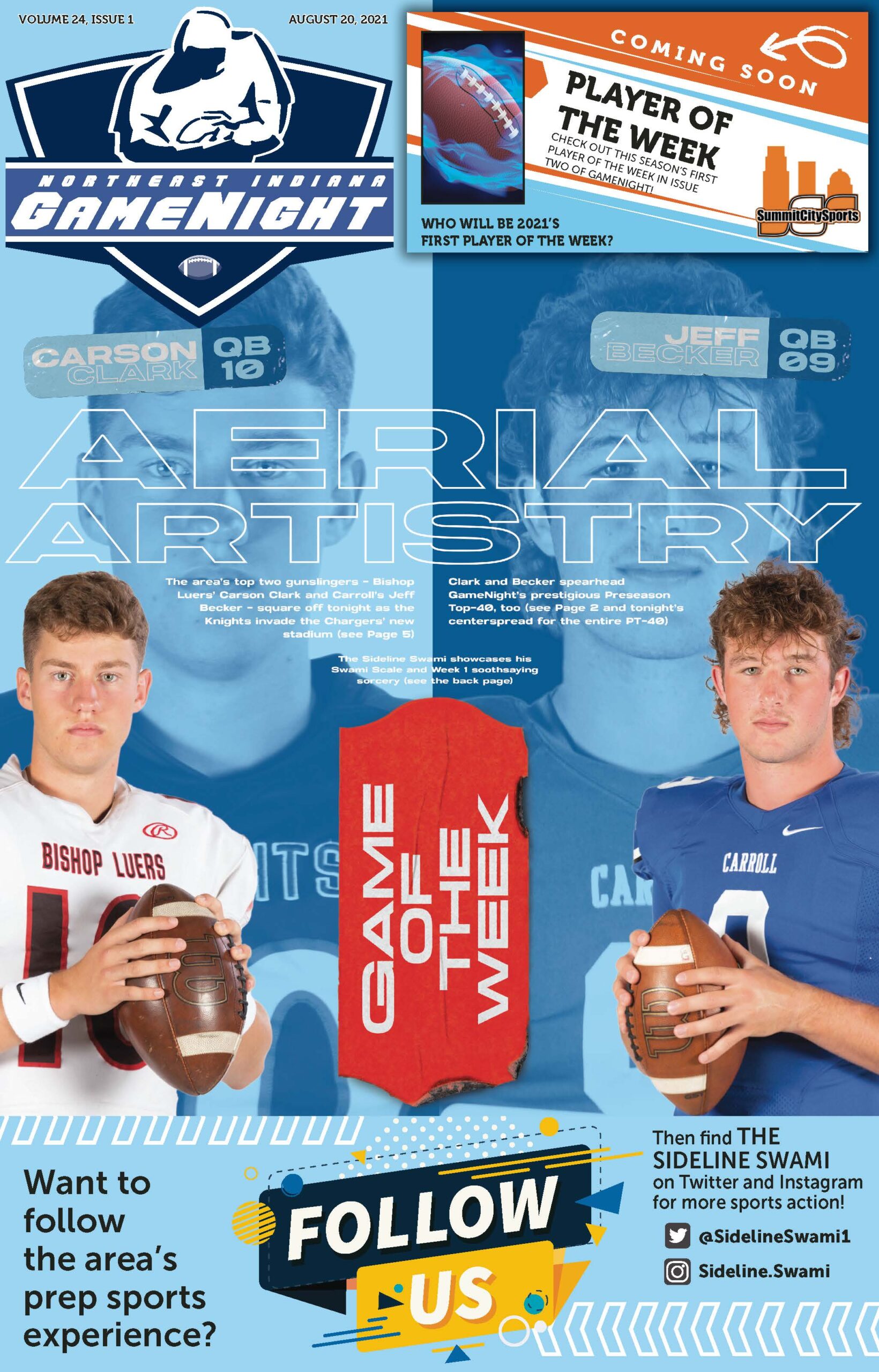 Two young football players holding balls with motivational text in the background.