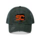 Dark green distressed baseball cap with orange SC logo and slogan.