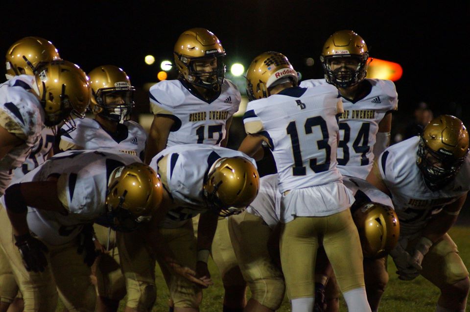 Football players in gold helmets celebrating on the field under stadium lights.