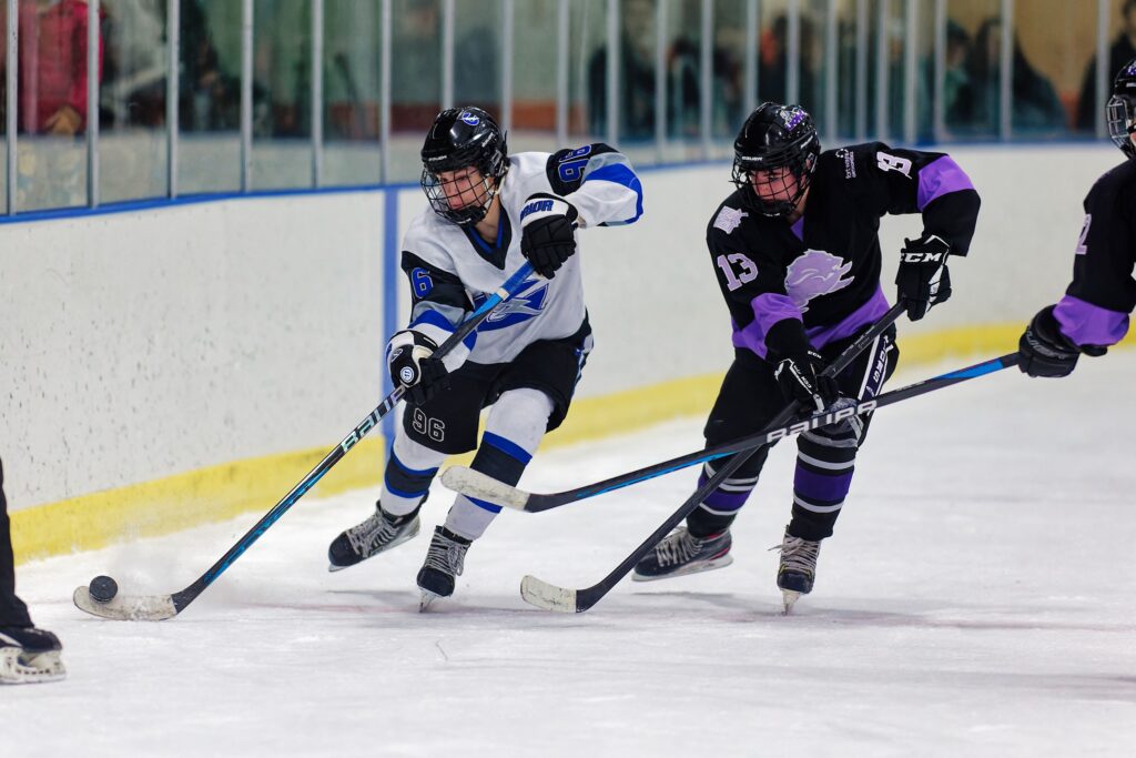 Two ice hockey players competing for the puck on the rink.