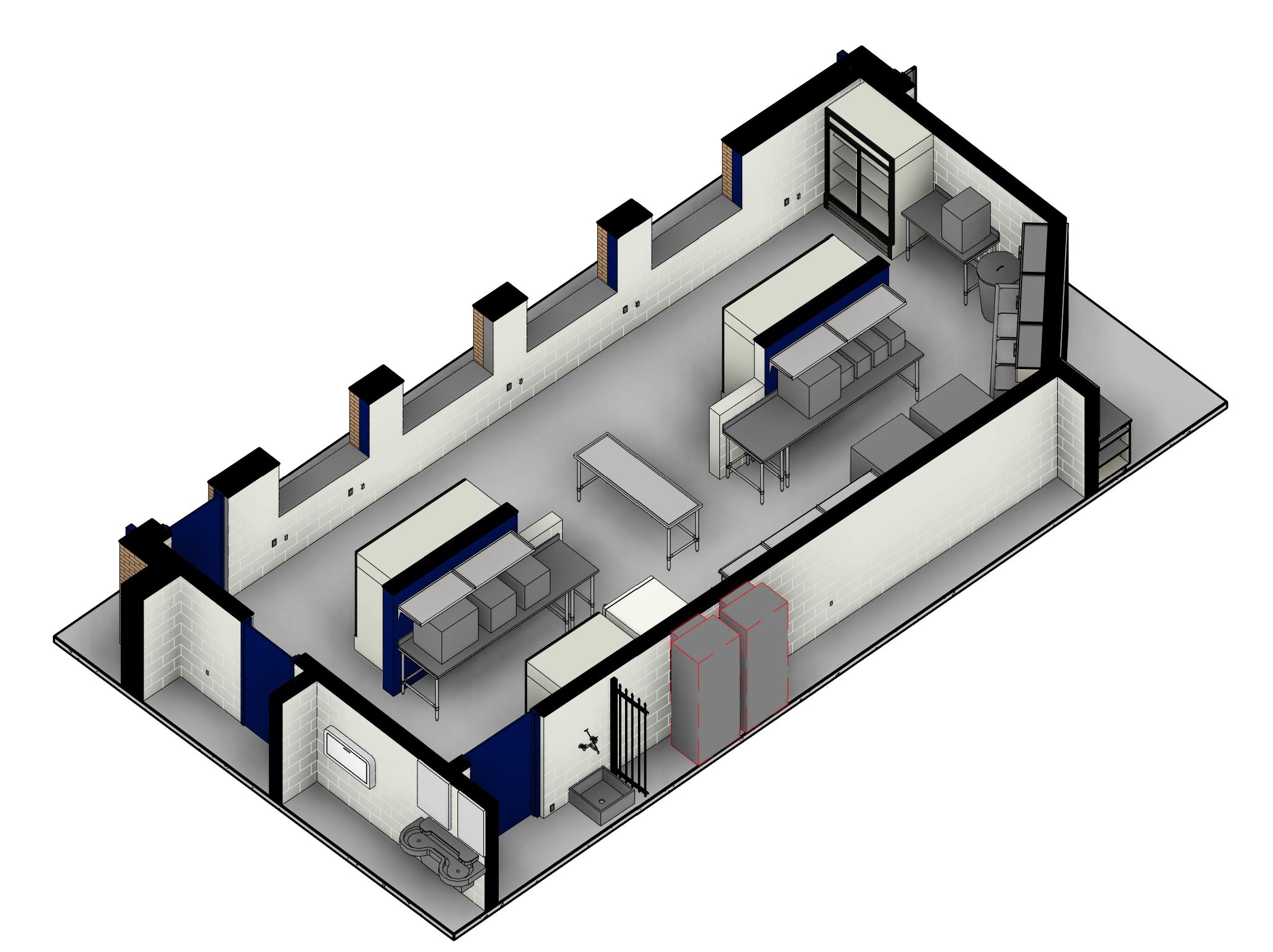 3D architectural model of a modern office space with desks and partitions.