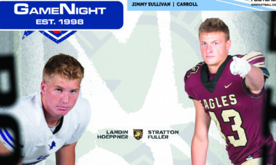 Two high school football players from 1998 in team uniforms posing.