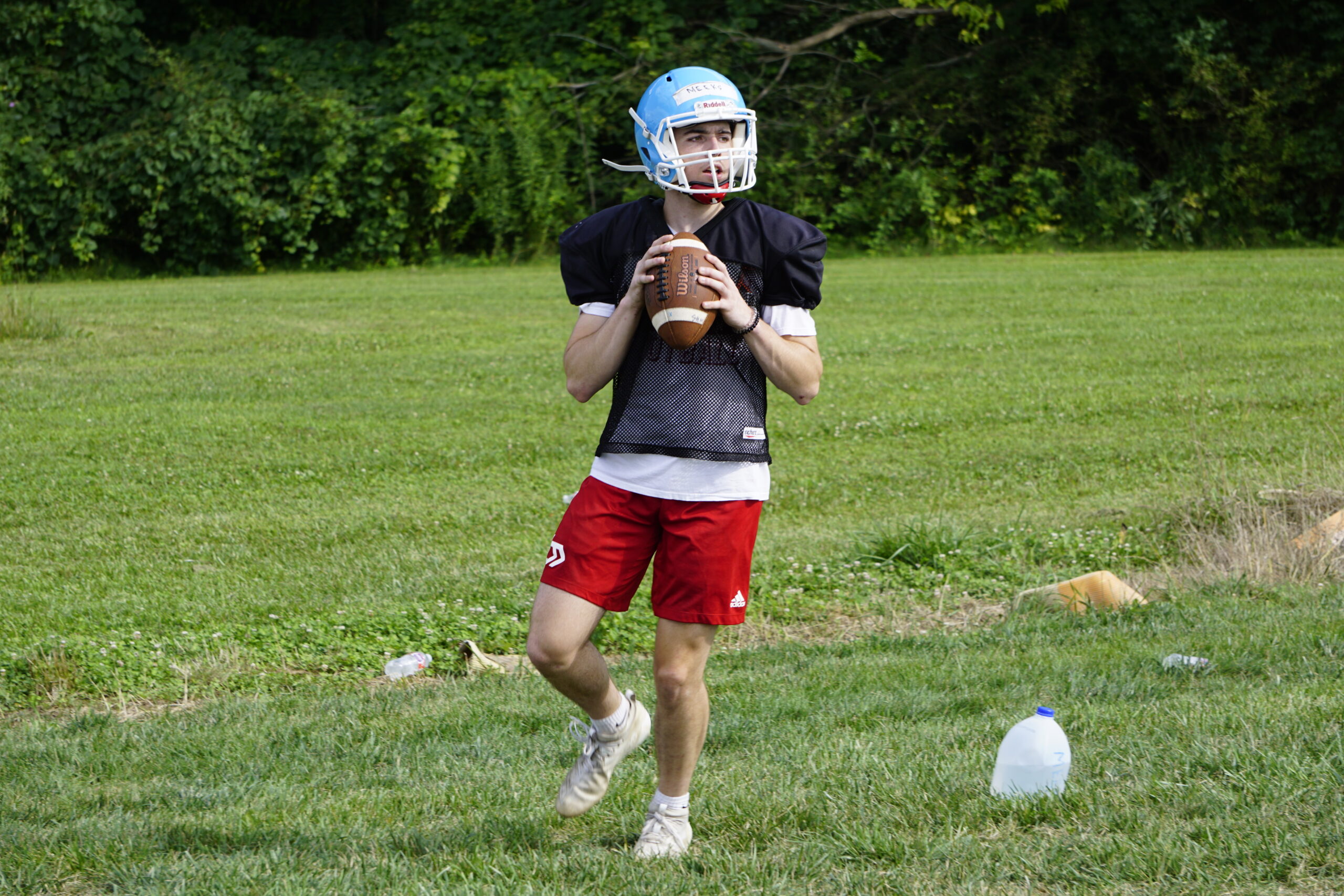 Young athlete preparing to throw a football on a grassy field.