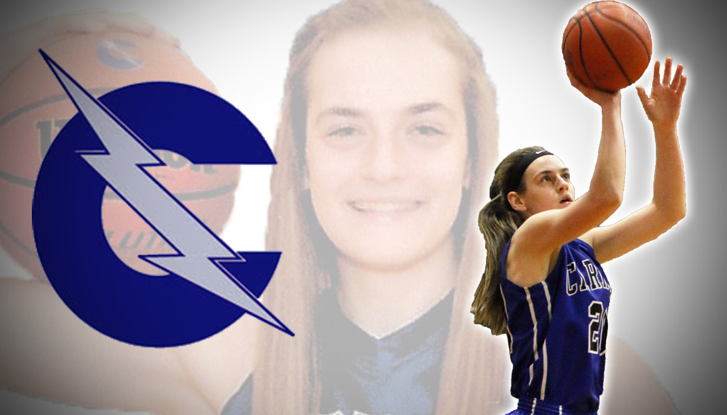 A female basketball player in action with a blurred portrait and lightning logo.