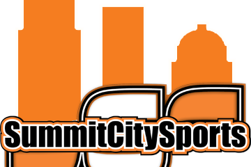 Logo featuring a city skyline with the text Summit City Sports.