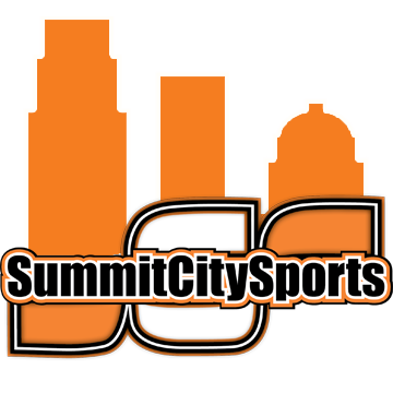 Logo featuring a city skyline with the text Summit City Sports.
