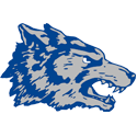 Blue wolf head logo with fierce expression.