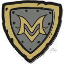 A medieval-style shield with a stylized 'M' emblem.