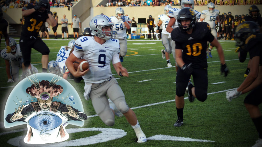 Football player evades tackle during a game.