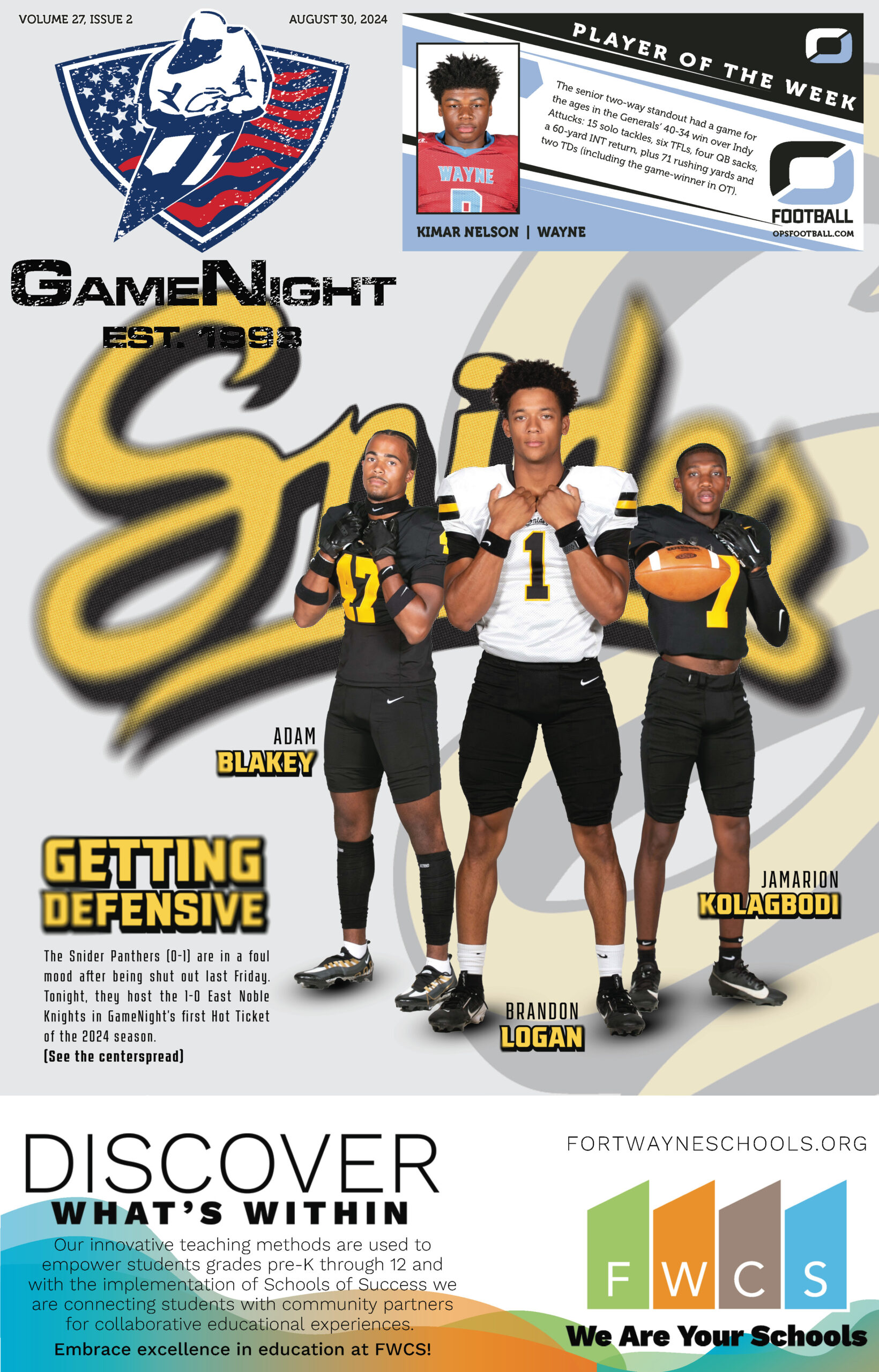 Three high school football players pose confidently in front of their team logo.