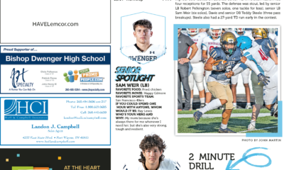 High school football player with team and sponsor ads in yearbook page.