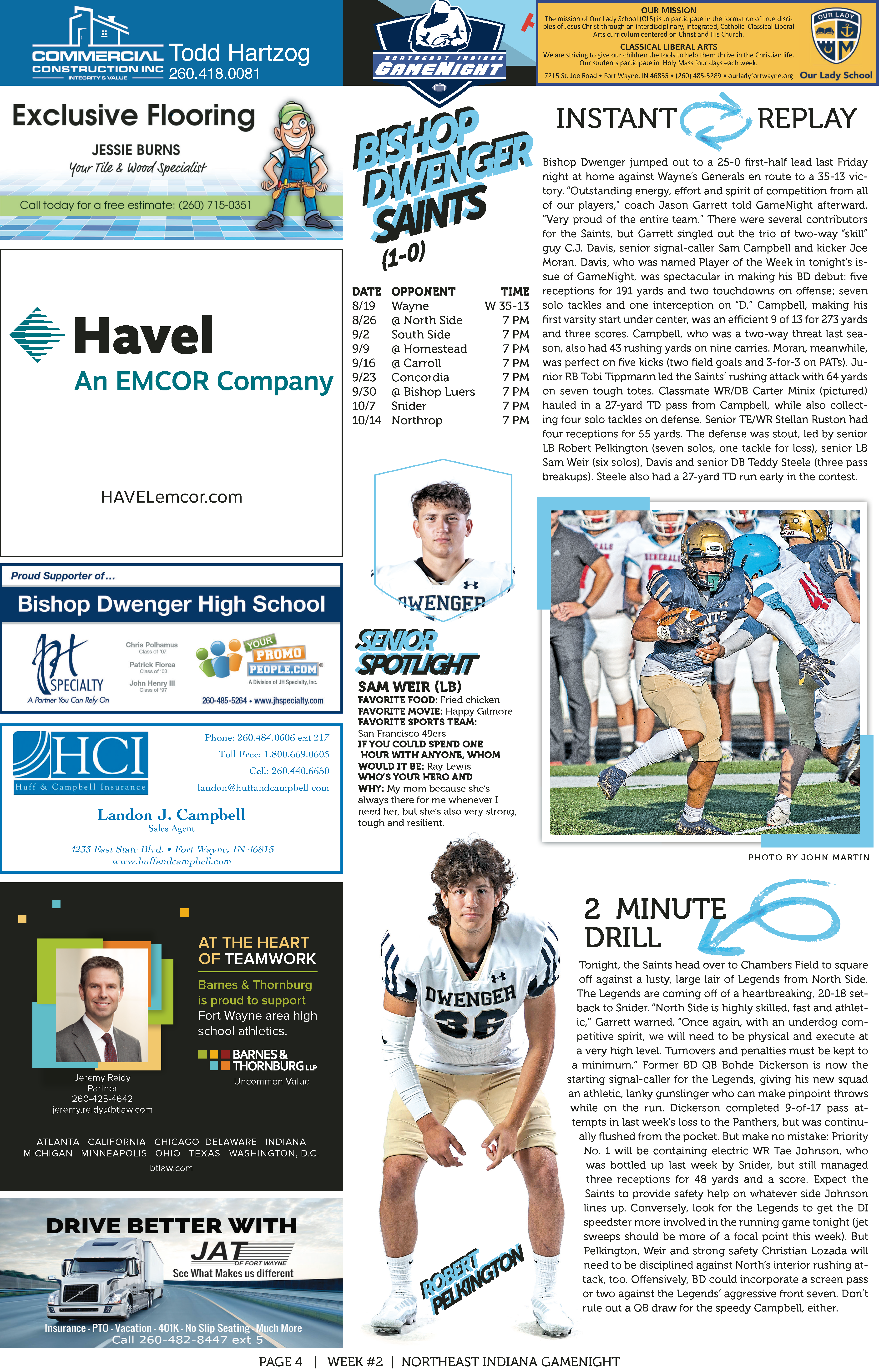 High school football player with team and sponsor ads in yearbook page.