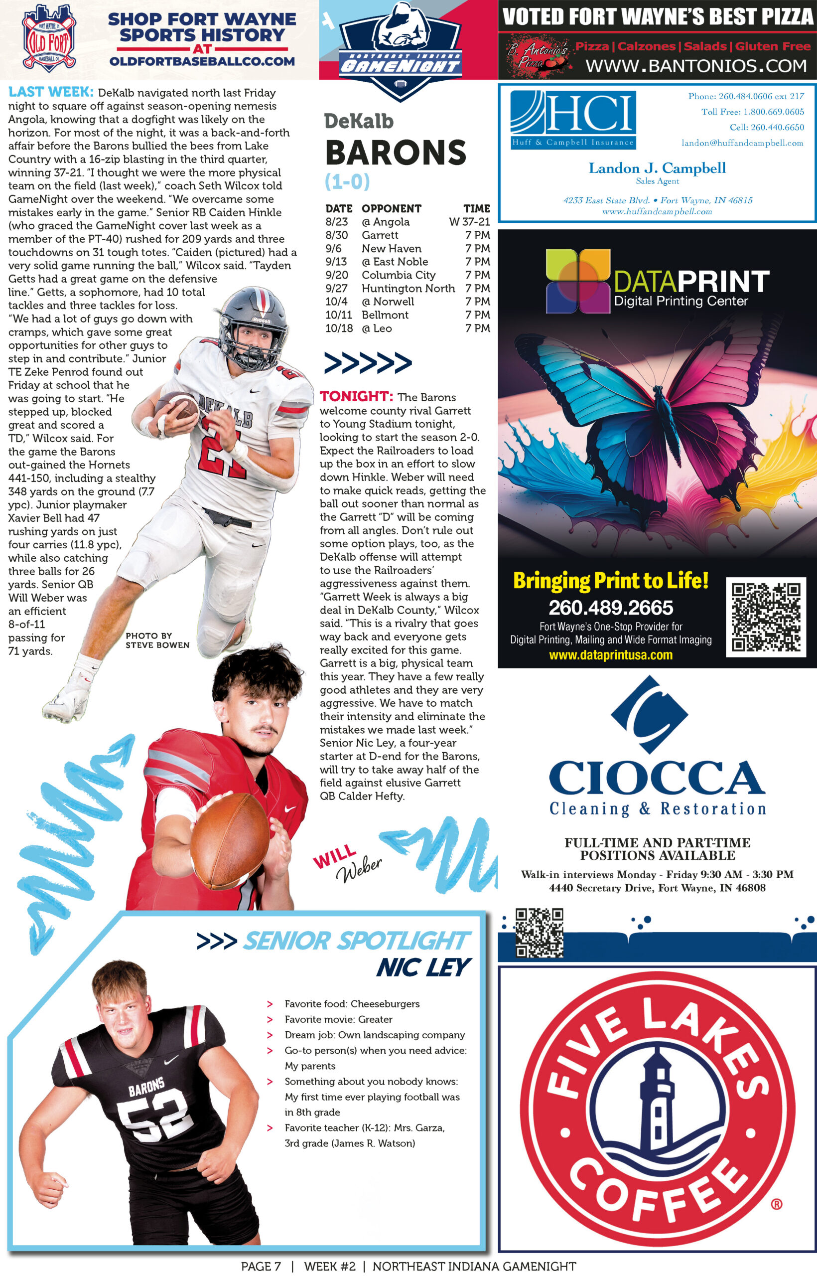 Magazine page featuring sports profiles and a colorful butterfly advertisement.