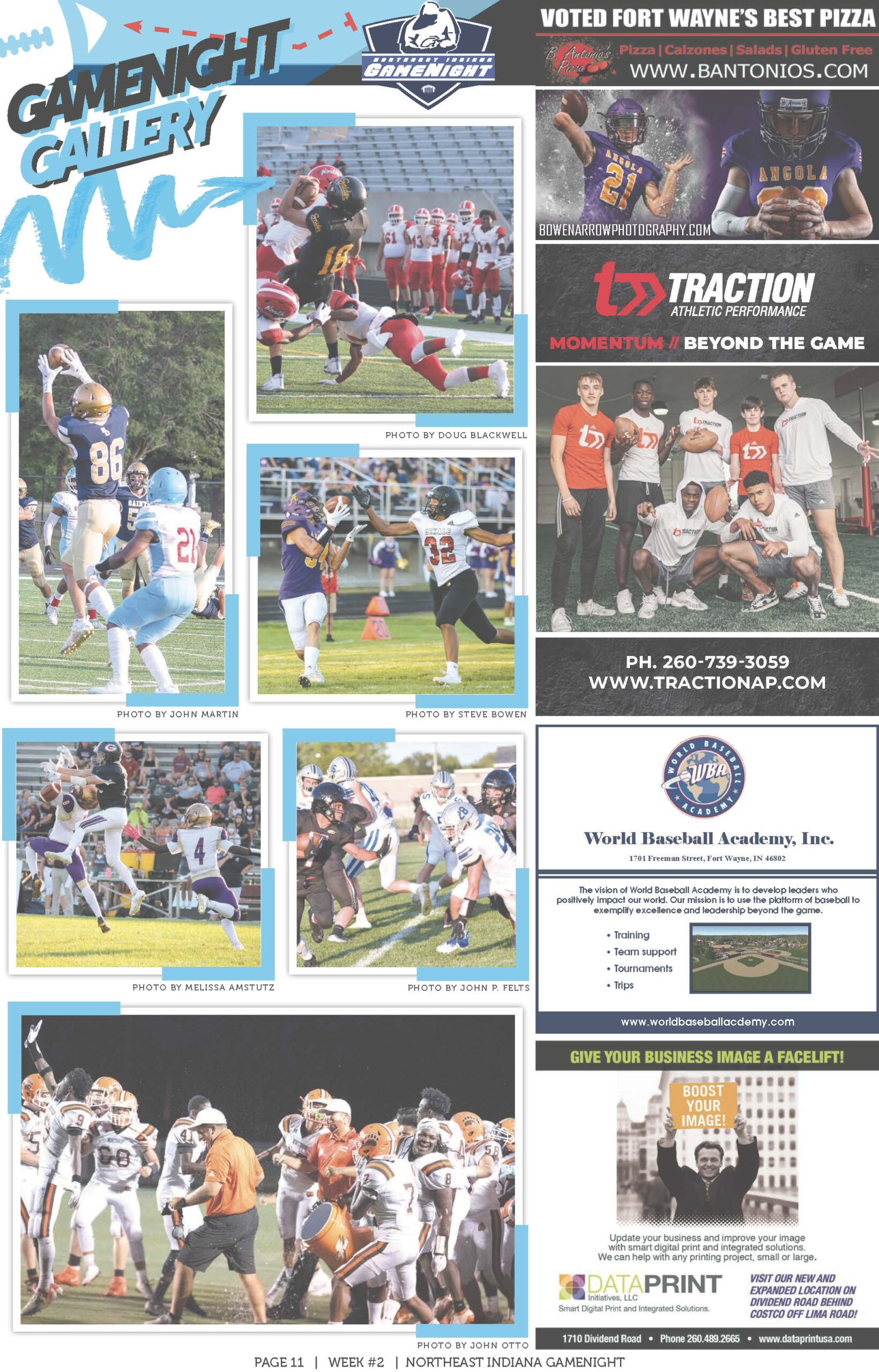 A collage of soccer game action shots and a business card for traction sports team.