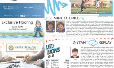 A lively magazine page featuring home improvement tips, exclusive flooring ads, and a 12-minute drill workout guide.