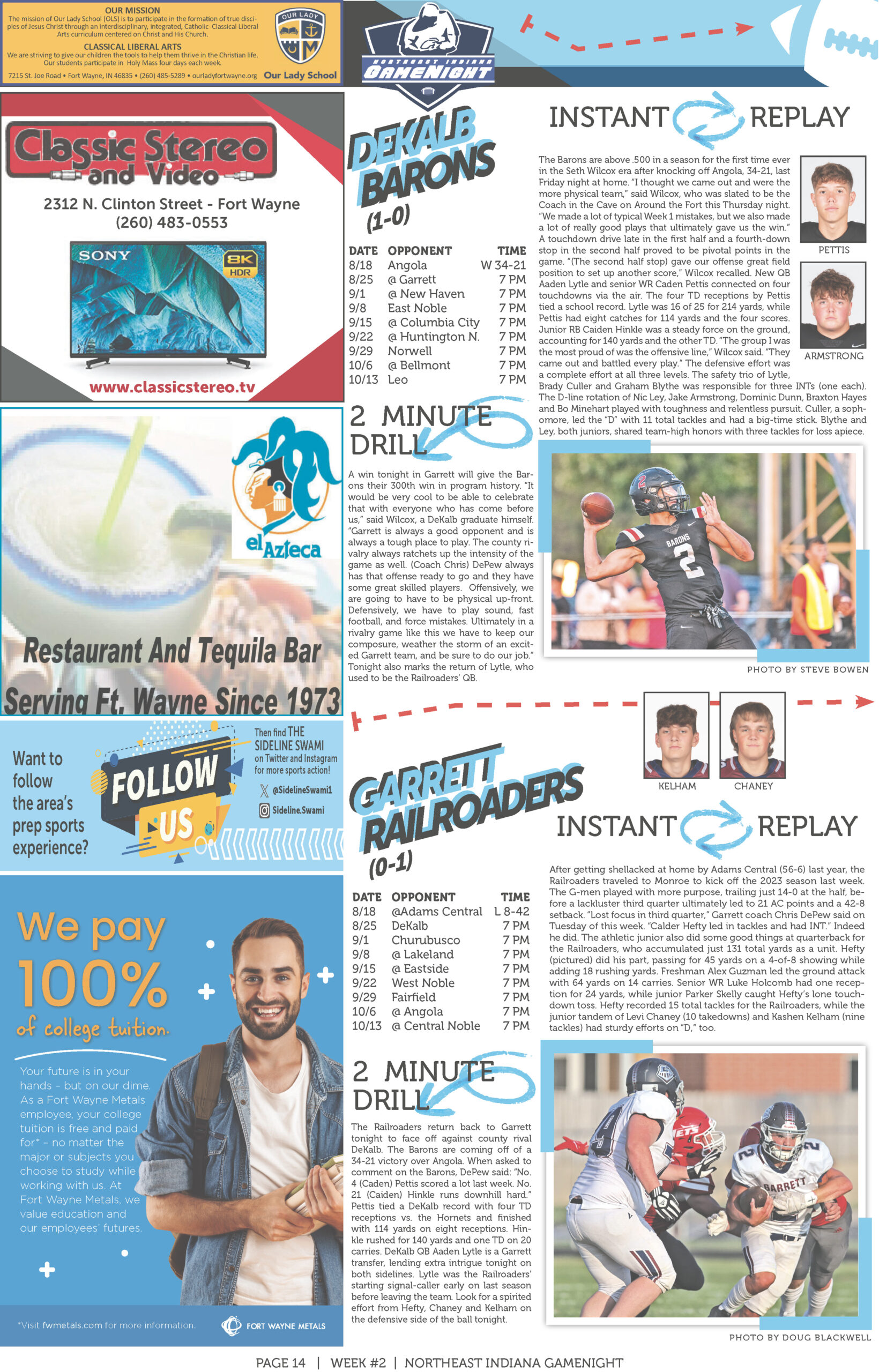 Collage of magazine pages featuring sports, restaurant, and community content with photos and text.