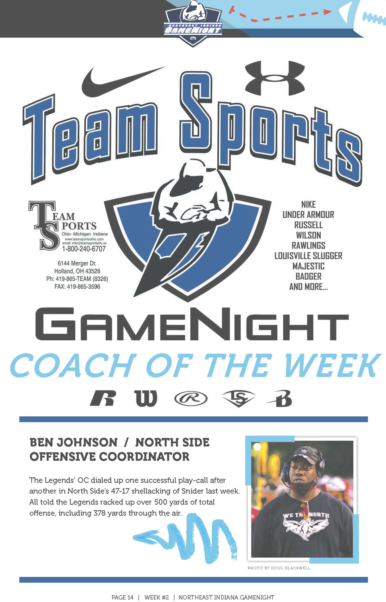 Team Sports Game Night Coach of the Week announcement poster.