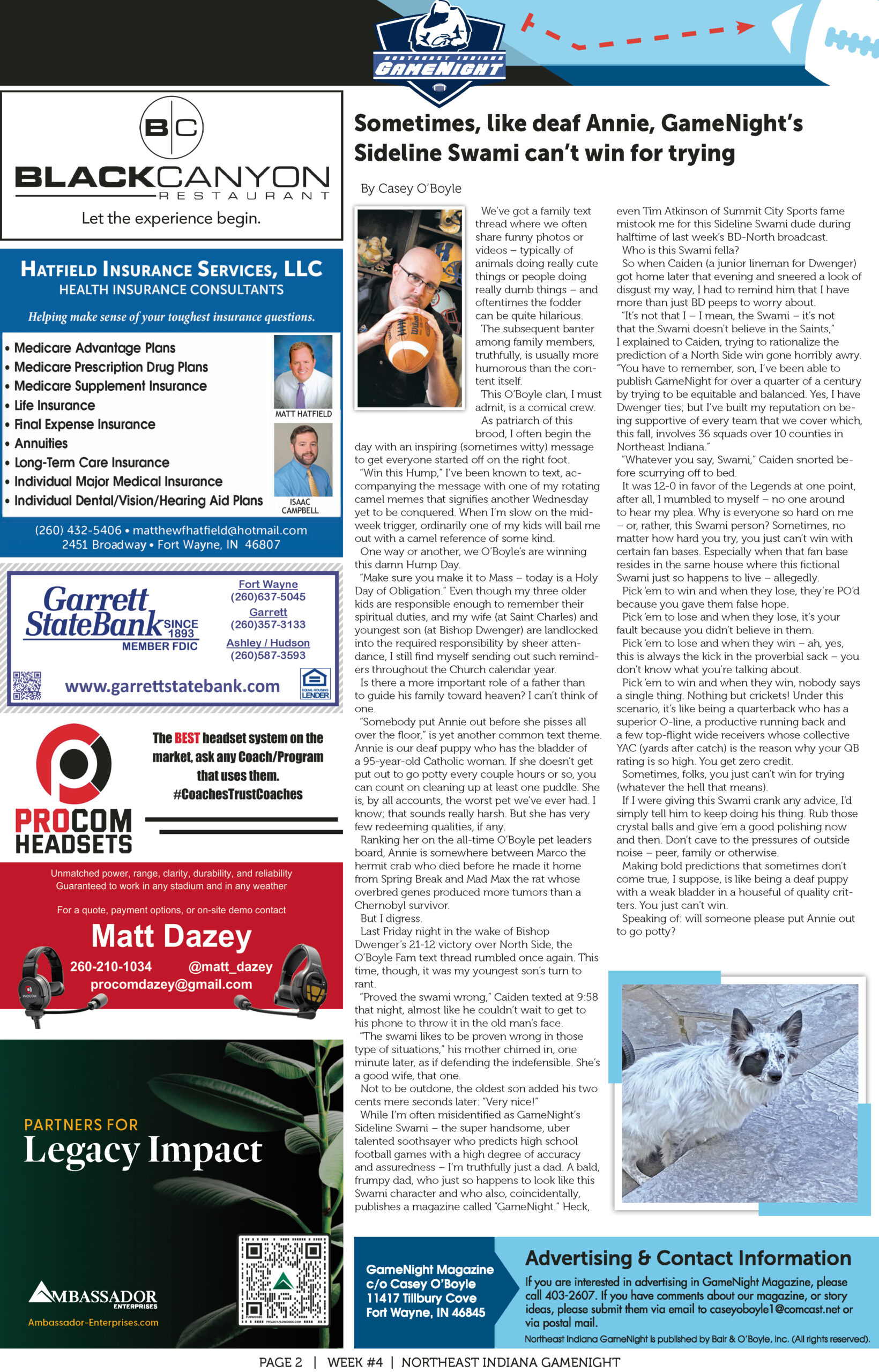 Page with obituary notices and a photo of a dog in snow.