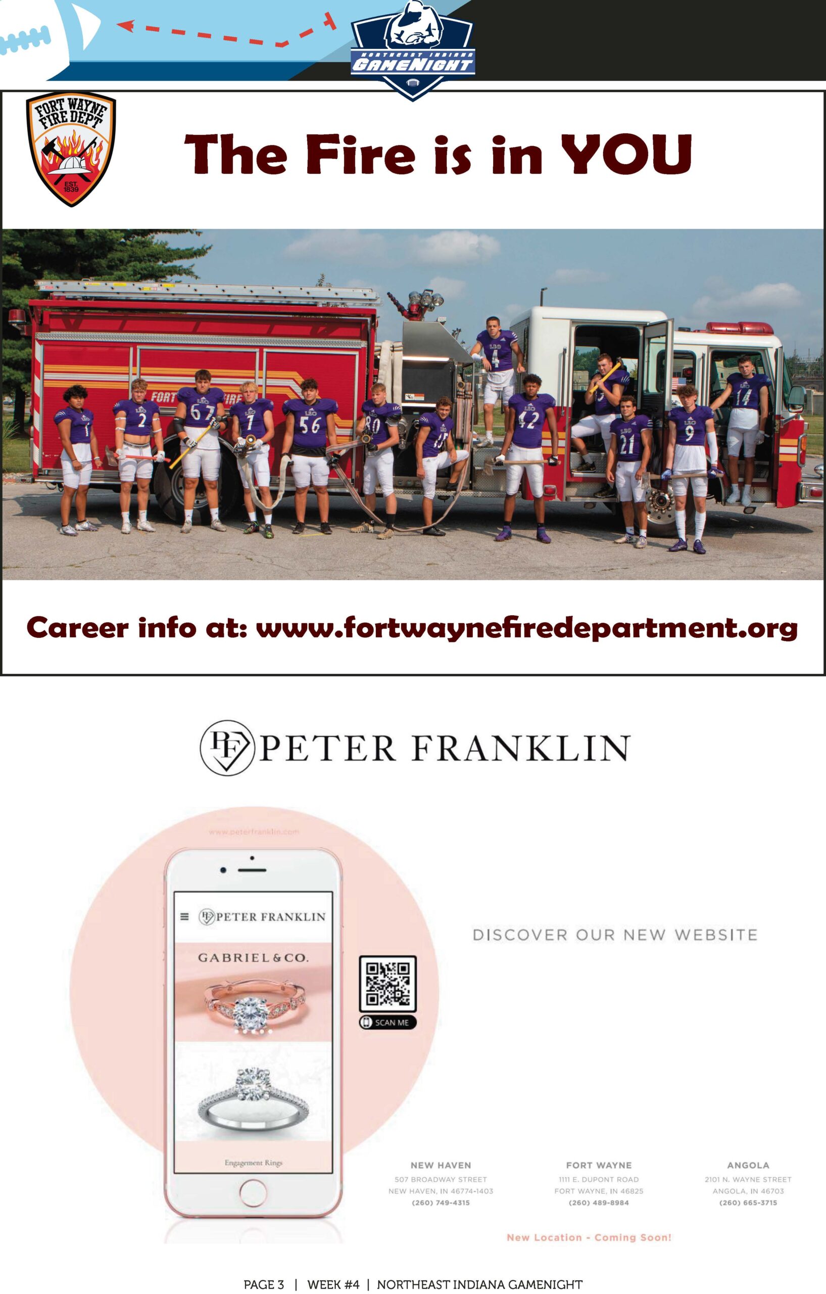 High school football players with Fort Wayne fire truck promote fire department careers.