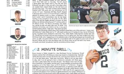 Football game action and player highlights in a sports magazine spread.