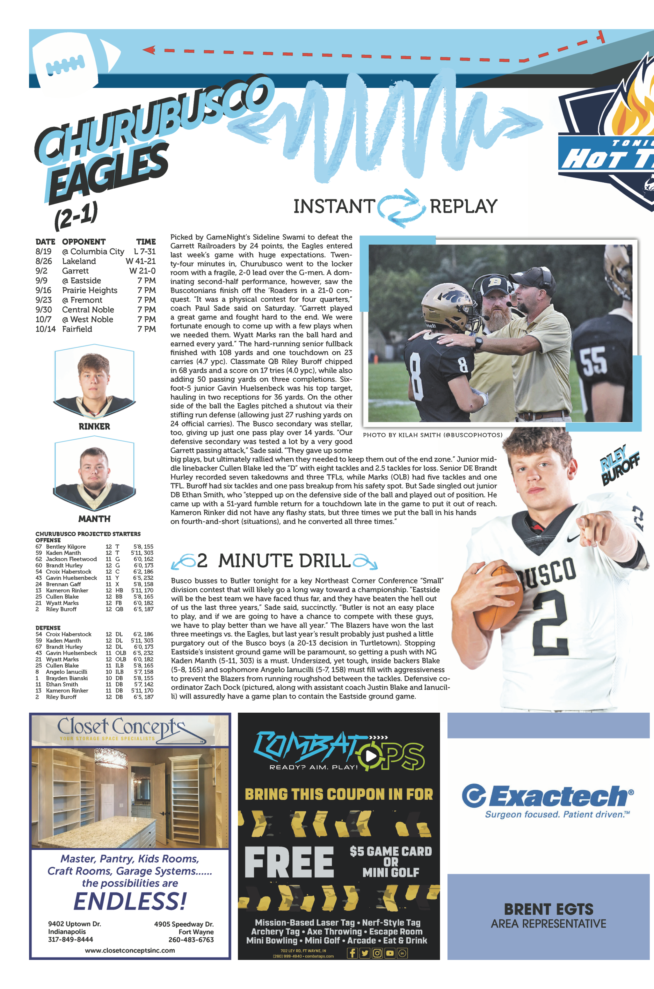 Football game action and player highlights in a sports magazine spread.