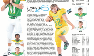 Two basketball players in green and yellow uniforms in action during a game.