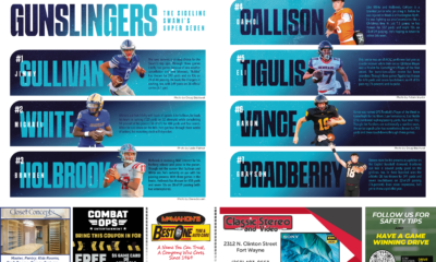 Flyers promoting youth football camps and clinics with player images and contact info.