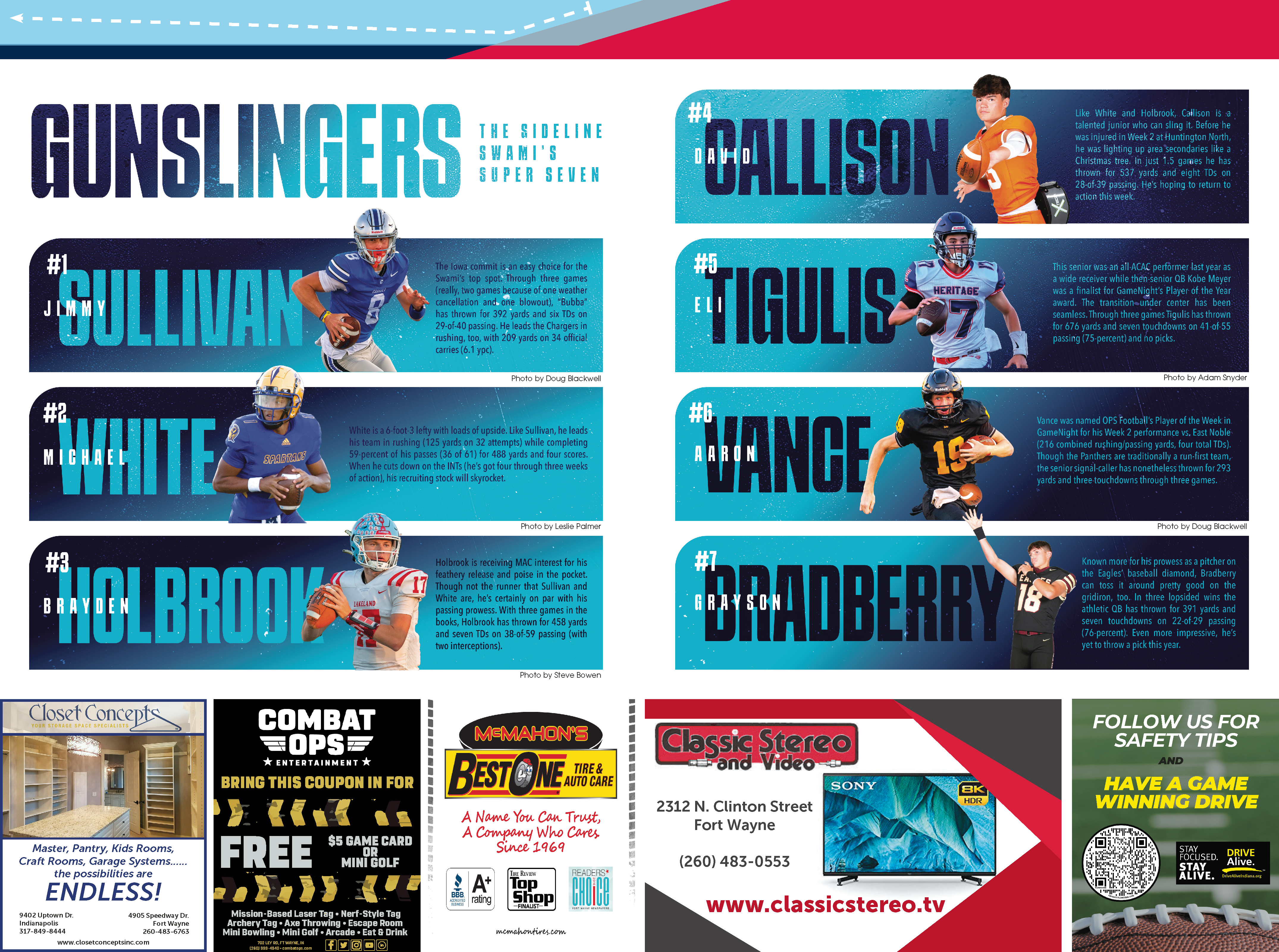 Flyers promoting youth football camps and clinics with player images and contact info.