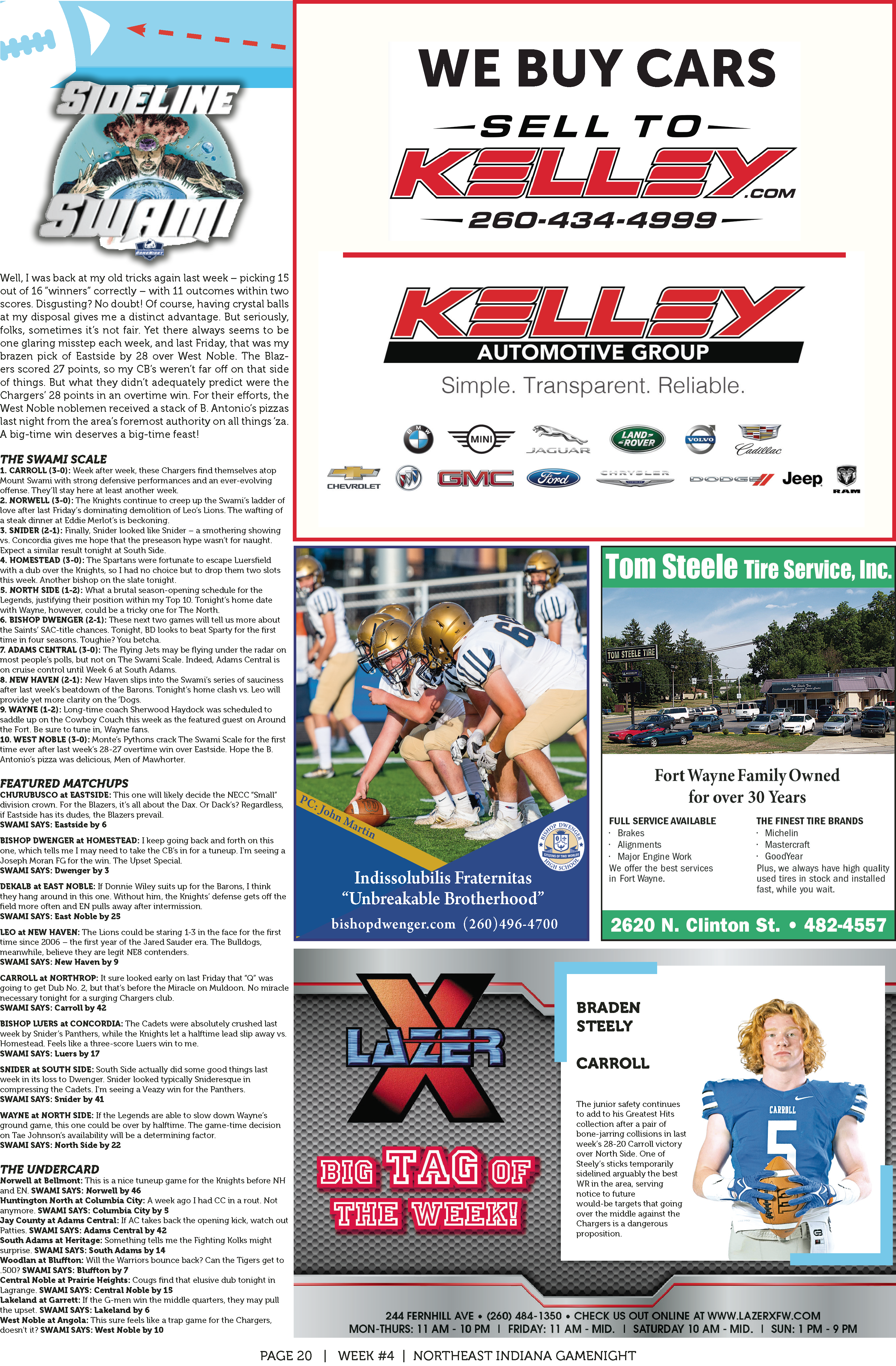 High school football action with Kelley Blue Book ad and local team support.