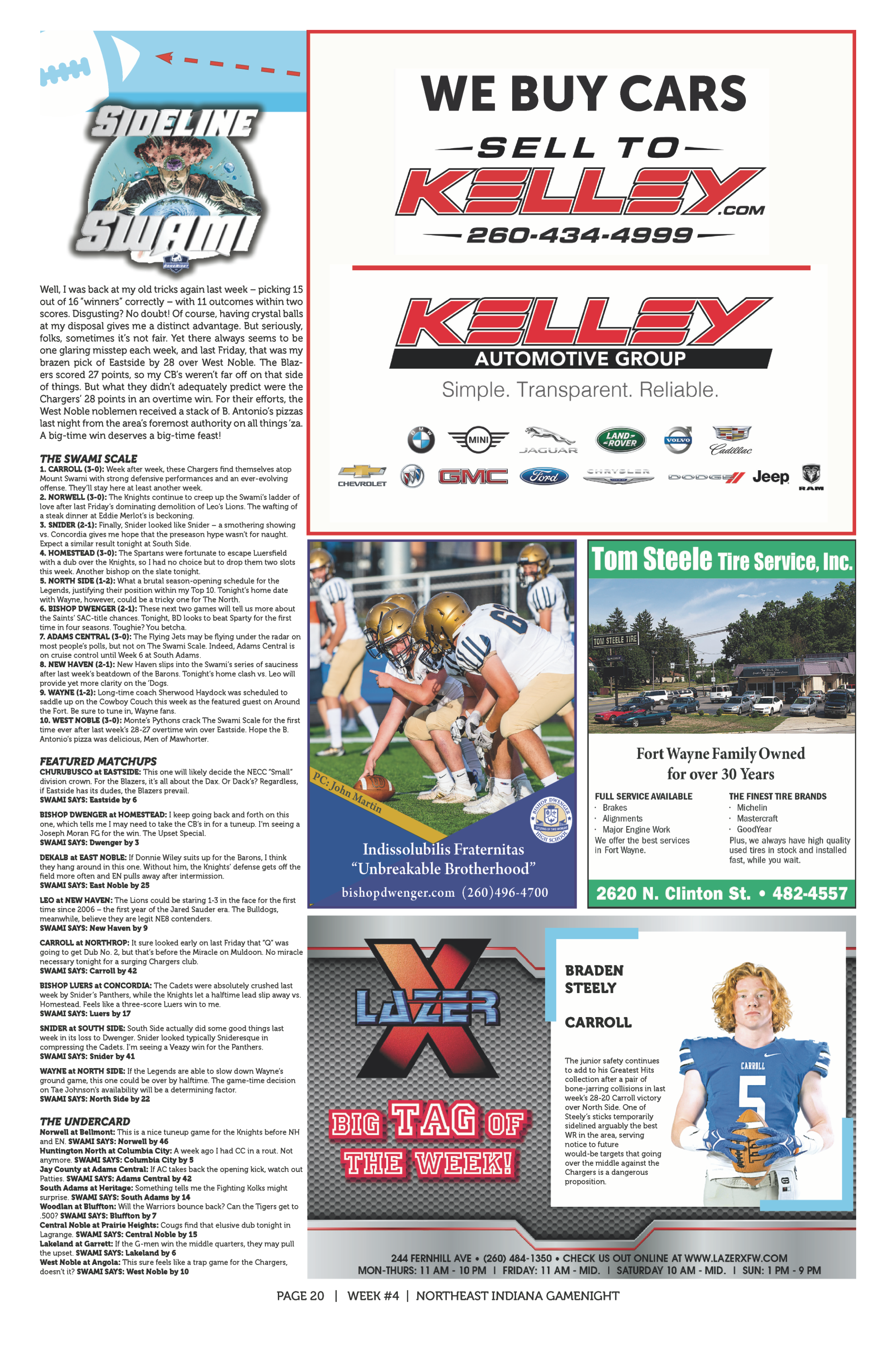Page featuring Kelley automotive ad and local sports content.