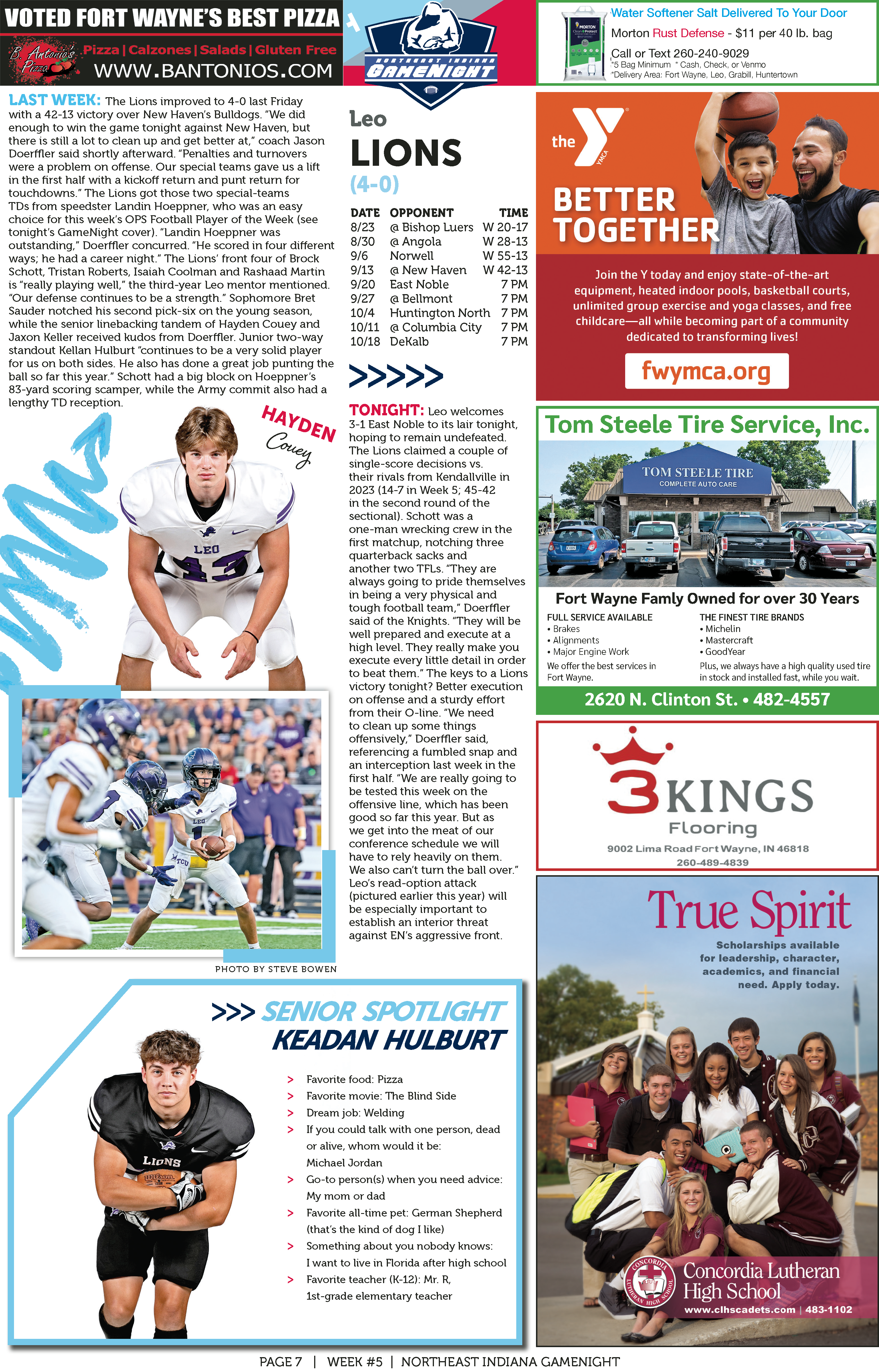 A football player in uniform posing with a helmet and text about him.
