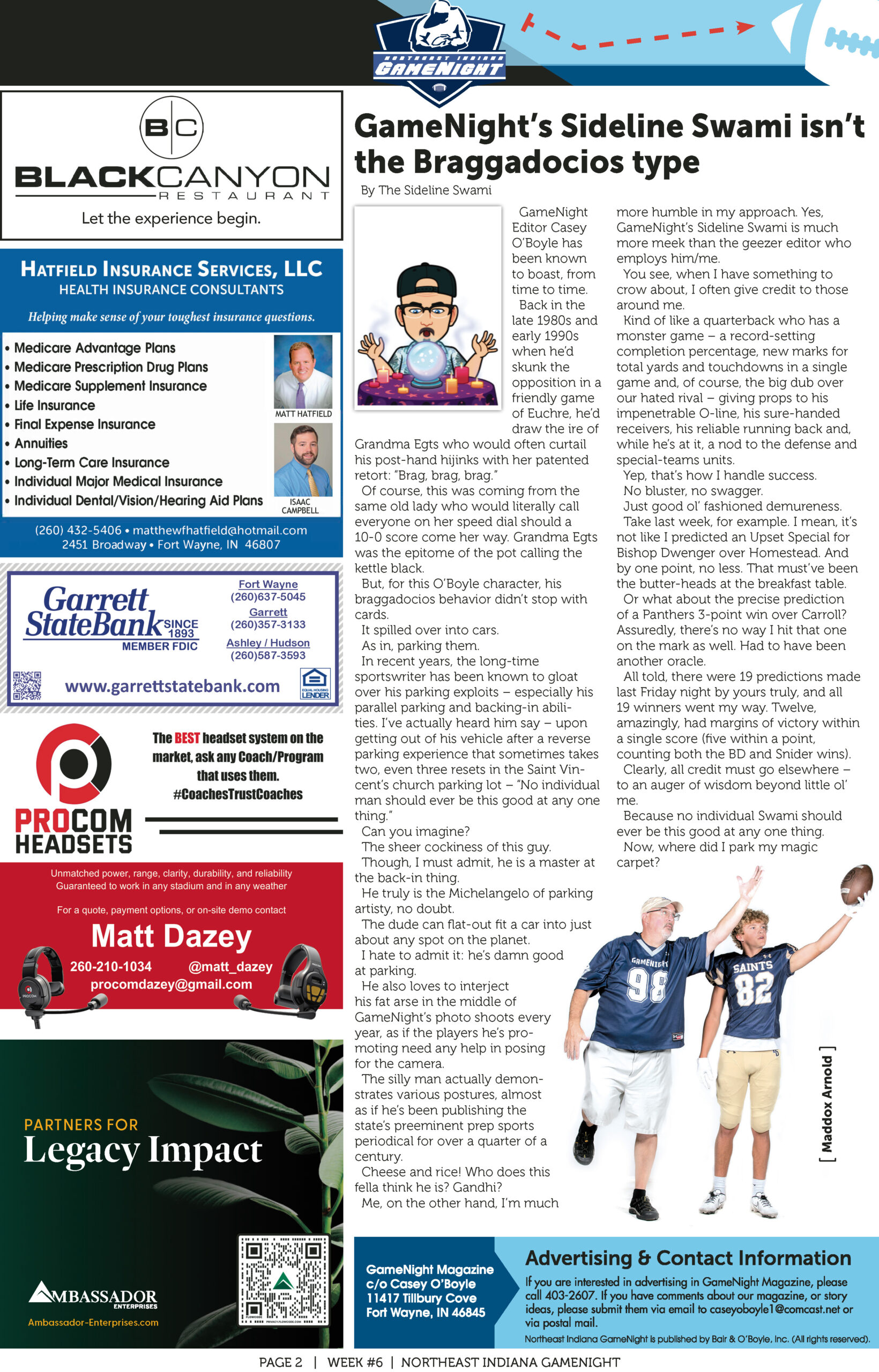 A local football club newsletter featuring player profiles, advertisements, and club news.