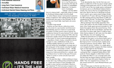 Magazine page featuring an article on basketball and advertisements for insurance and hands-free driving.