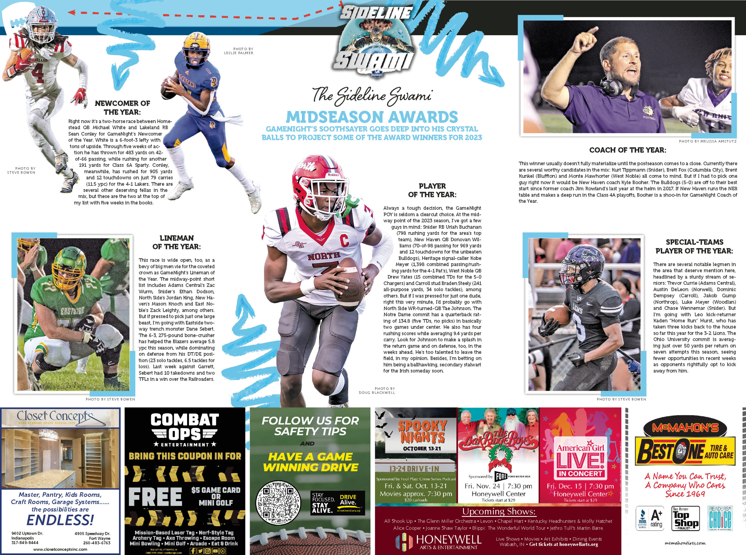 High school football players and coaches featured in a sports magazine layout.