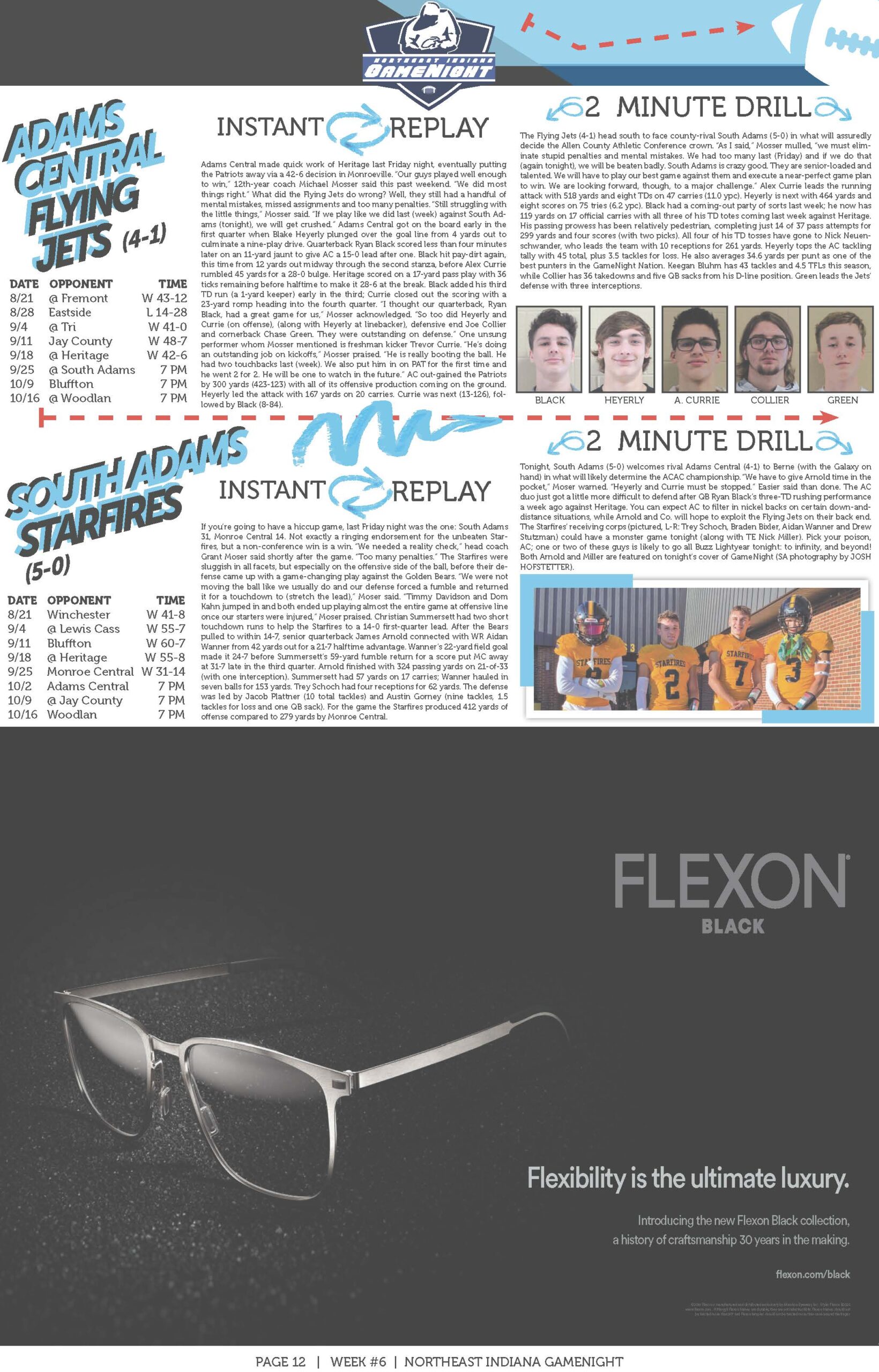 Flexon eyeglasses advertisement with sleek silver frames and detailed product information.