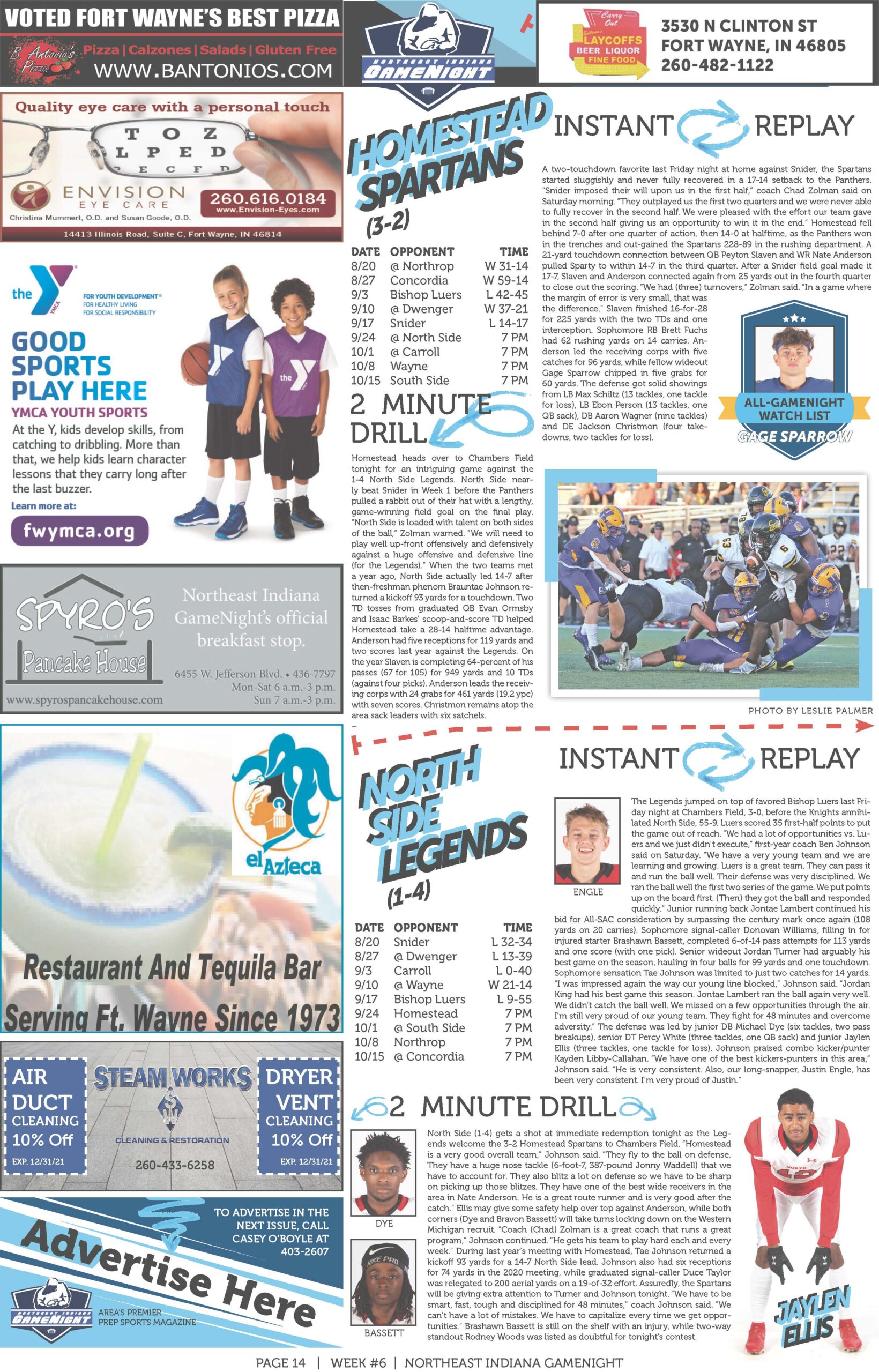A sports-themed newspaper page featuring articles, photos, and advertisements.