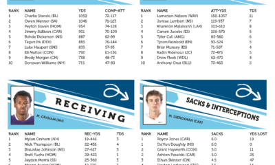 Four football stat cards showing passing, rushing, receiving, and sacks/defense stats.