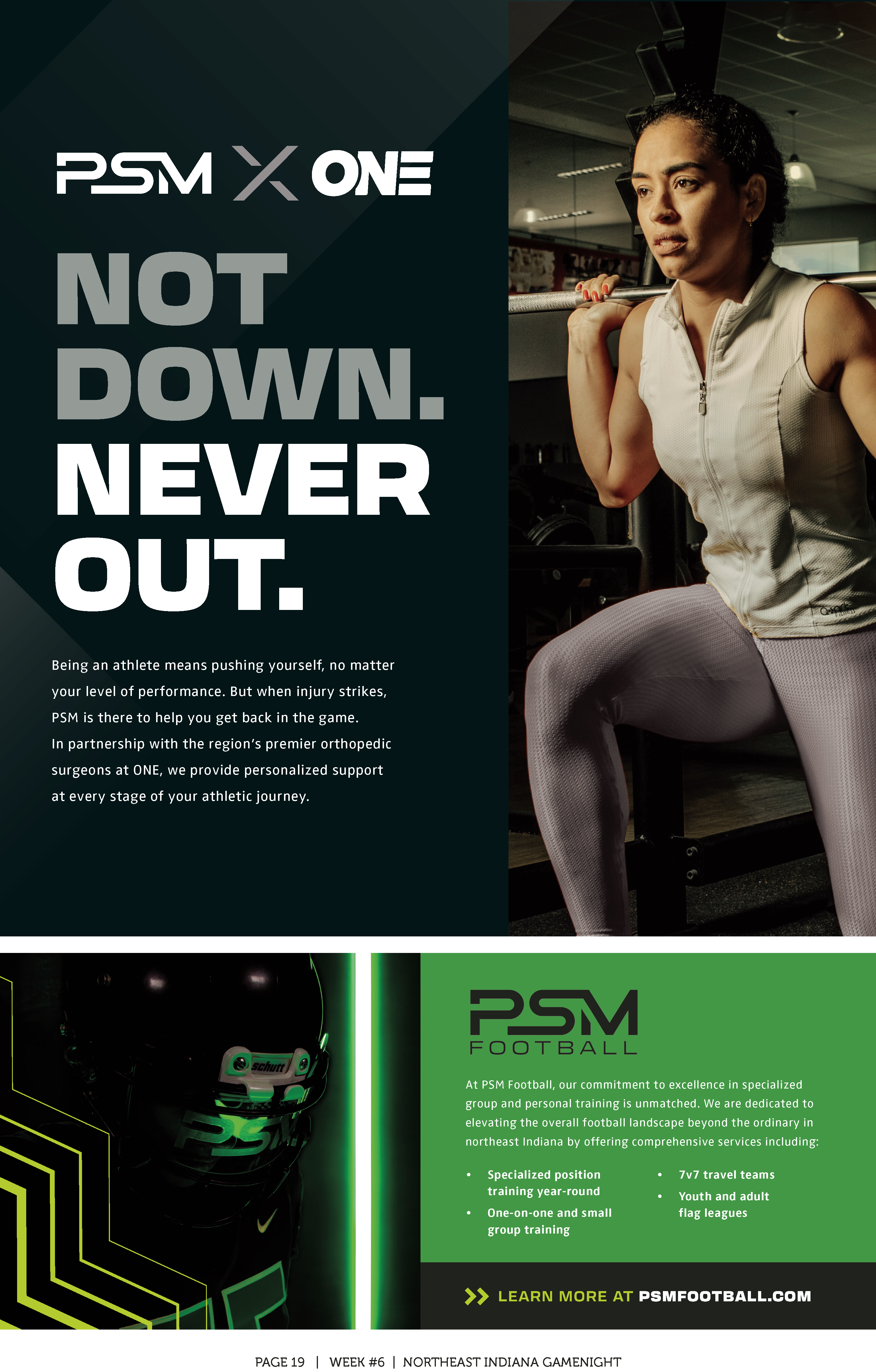Motivational fitness poster with "Not Down. Never Out." text and woman exercising.