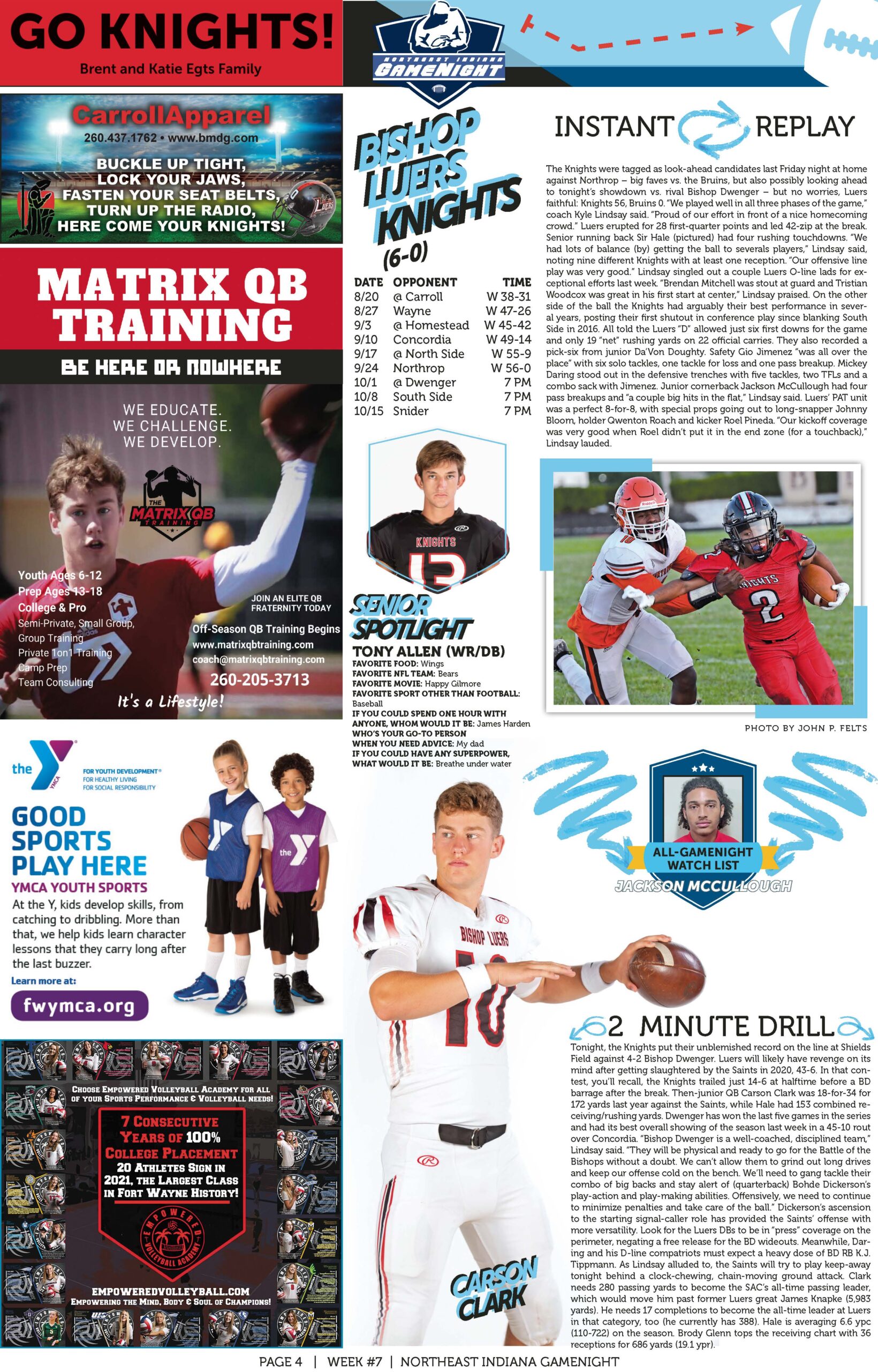 Youth football training and player spotlight in a sports magazine layout.