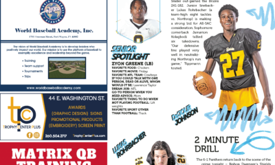 Two football players featured in a sports newspaper with training and drill tips.