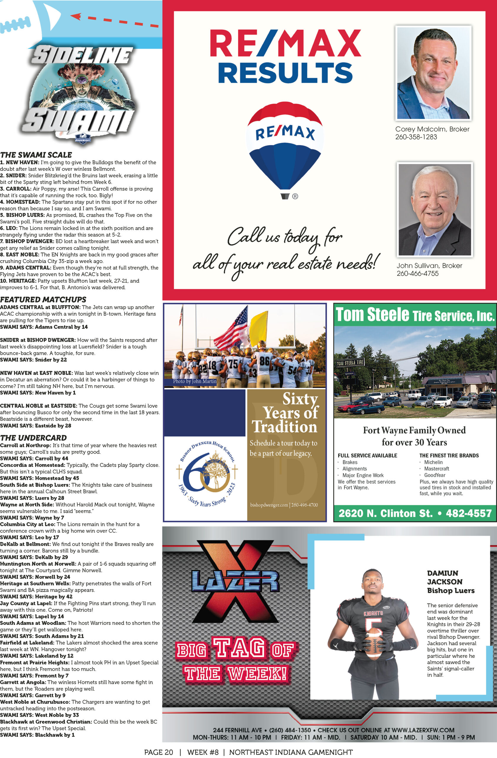 A newspaper page with ads, a photo of a man, and various business promotions.