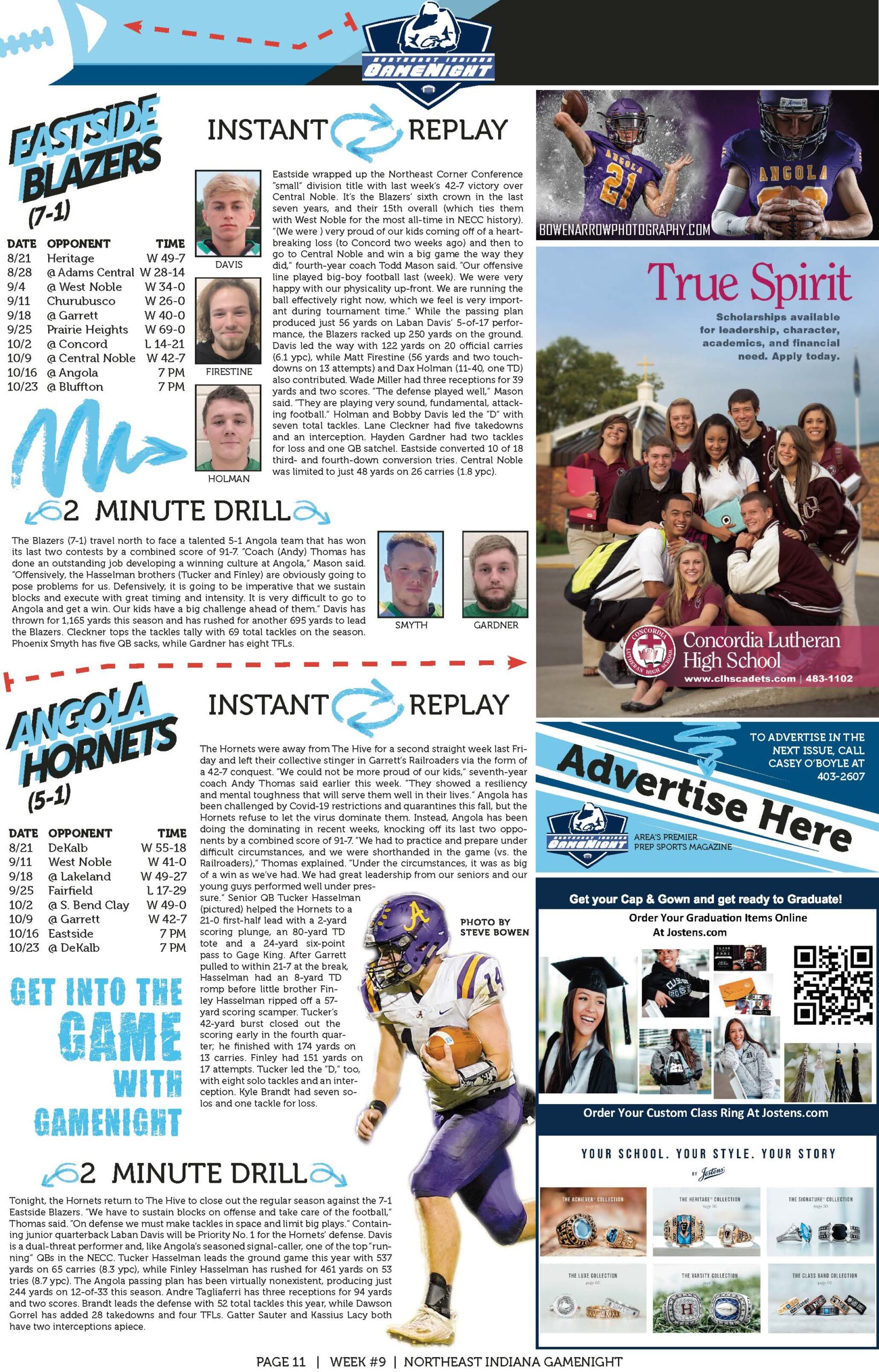 Northeast Indiana GameNight features Eastside Blazers and Angola Hornets football updates and local ads.