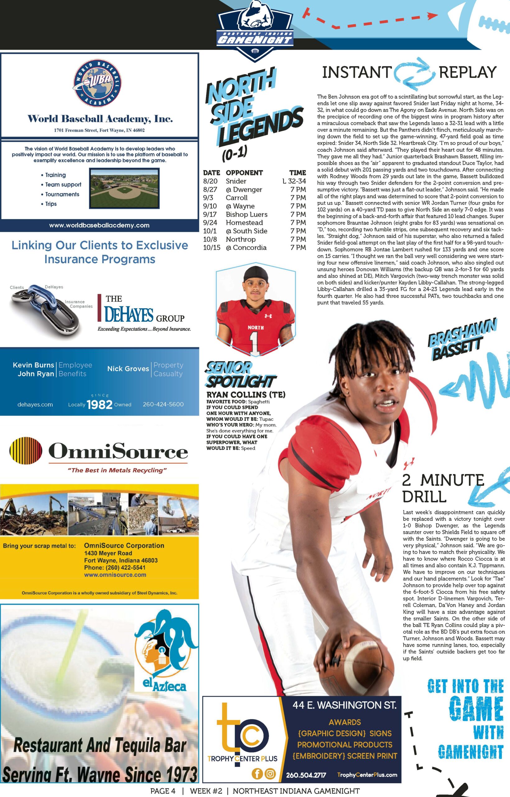 Magazine page featuring football player spotlight and sports training ads.