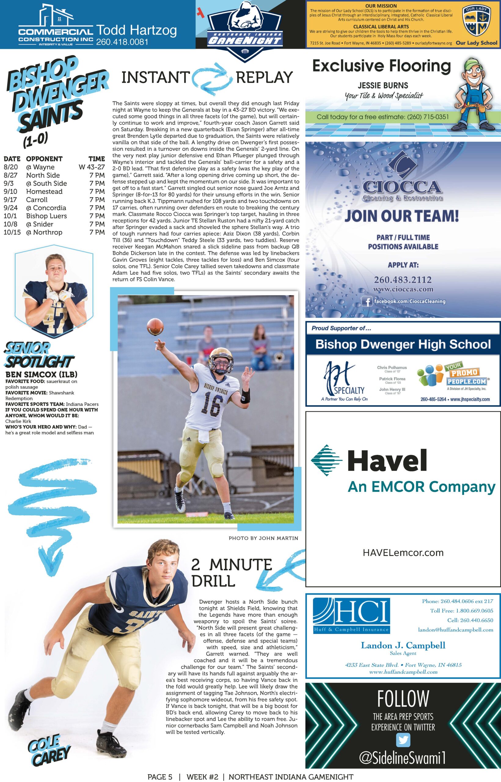 A sports page featuring a football play, drills, and player highlights.
