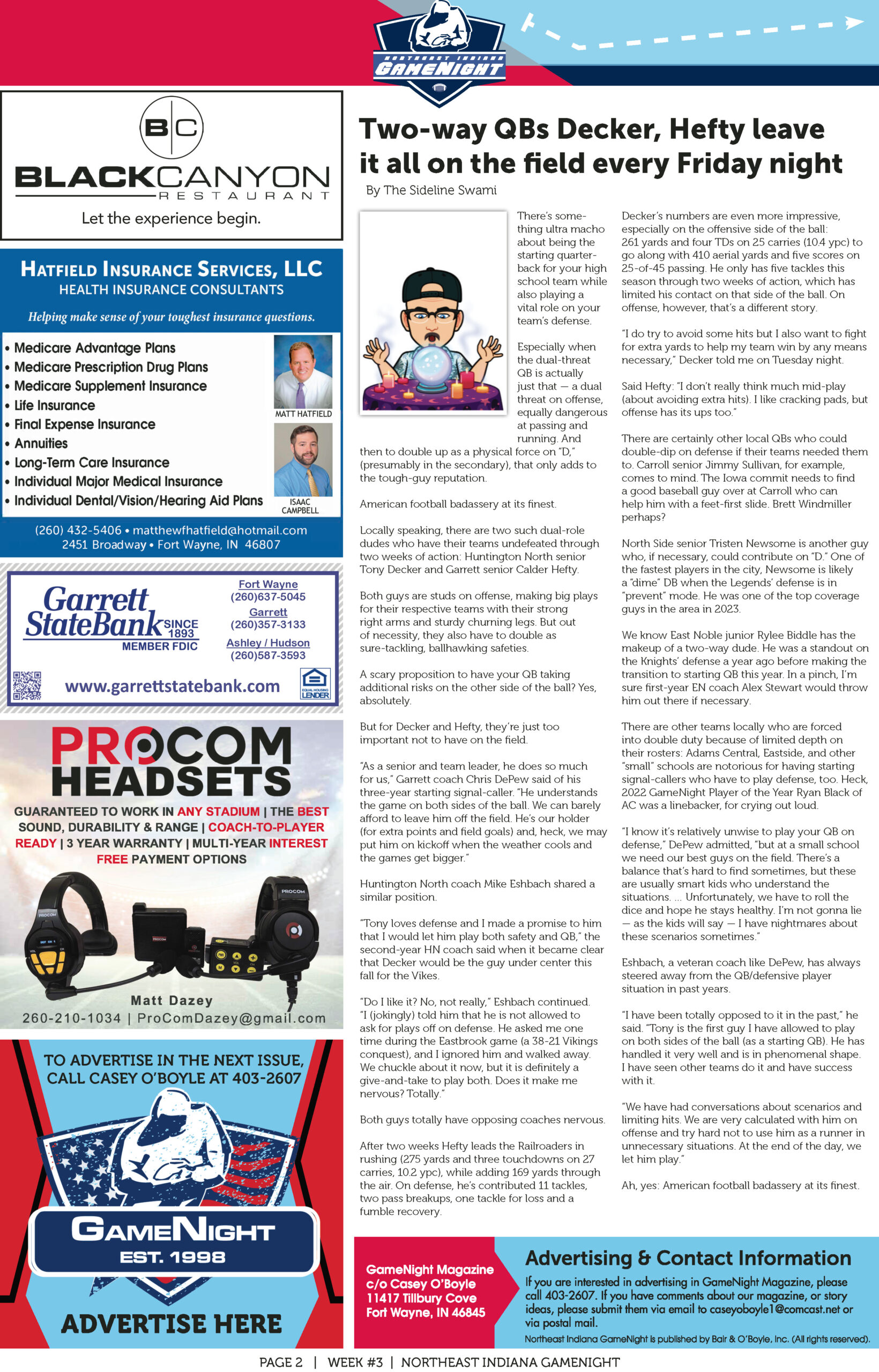 Page with business listings, advertisements, and a cartoon character illustration.