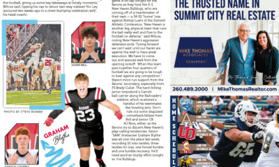 A magazine page featuring comic book art, sports photos, and advertisements.