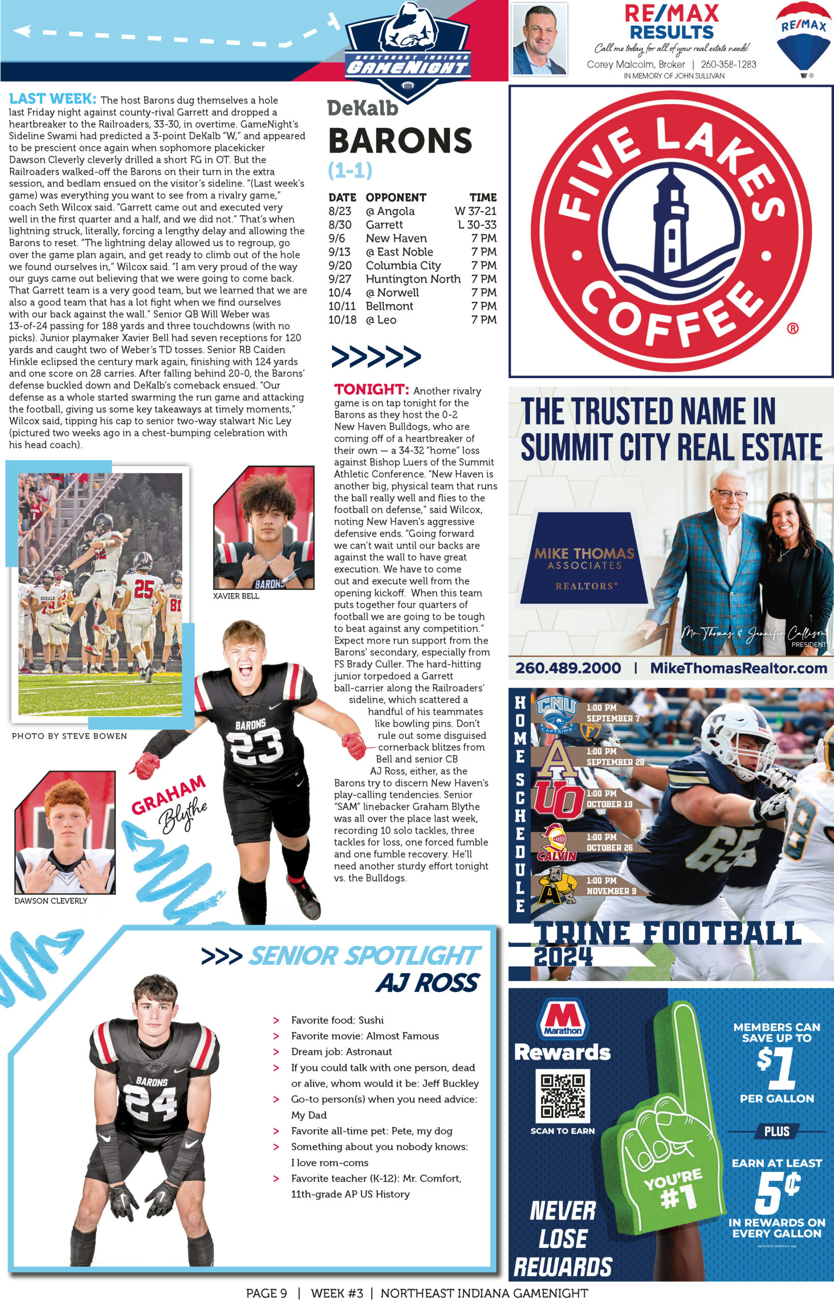 A magazine page featuring comic book art, sports photos, and advertisements.