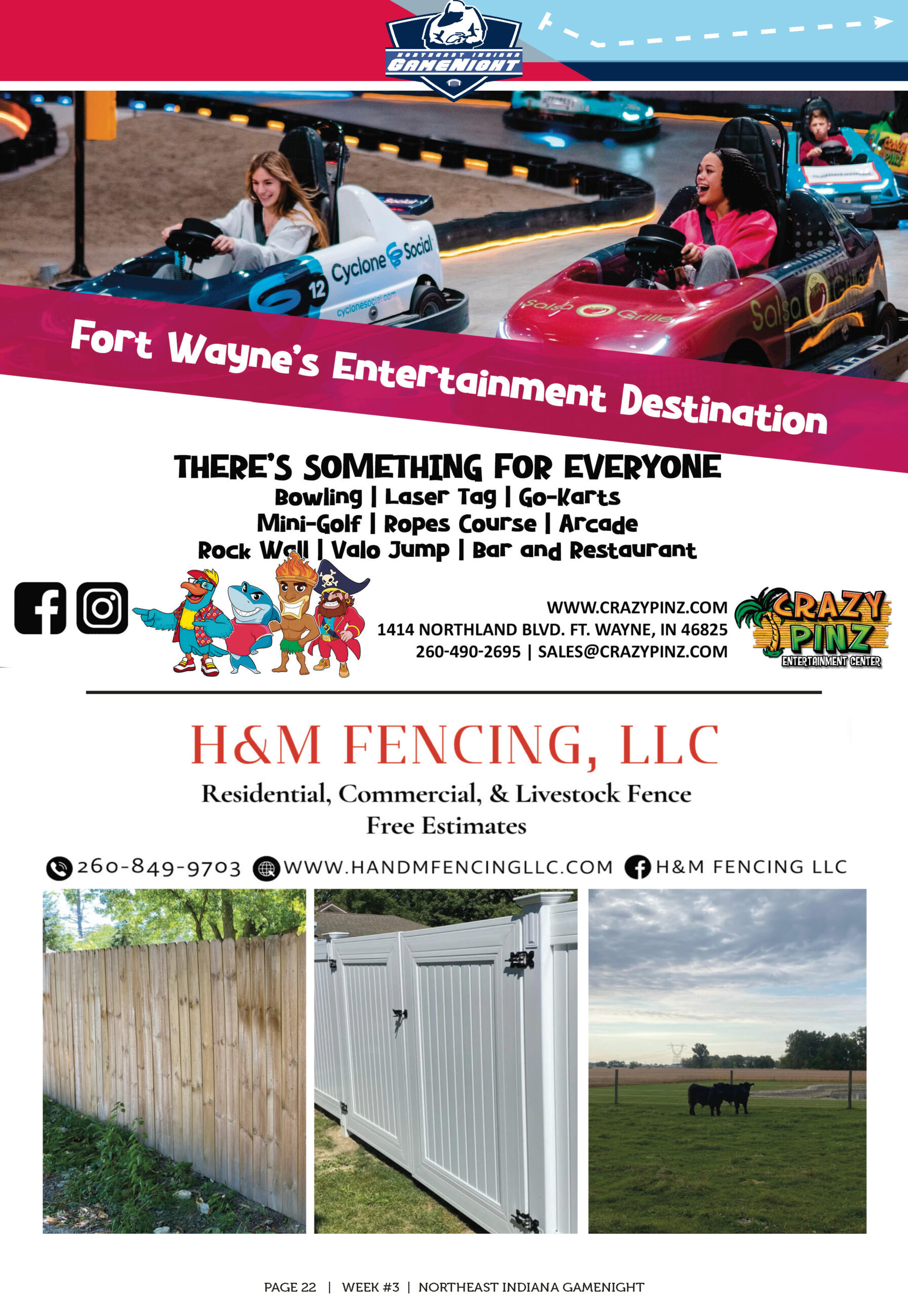 Advertisement for H&M Fencing, LLC with services and contact details.