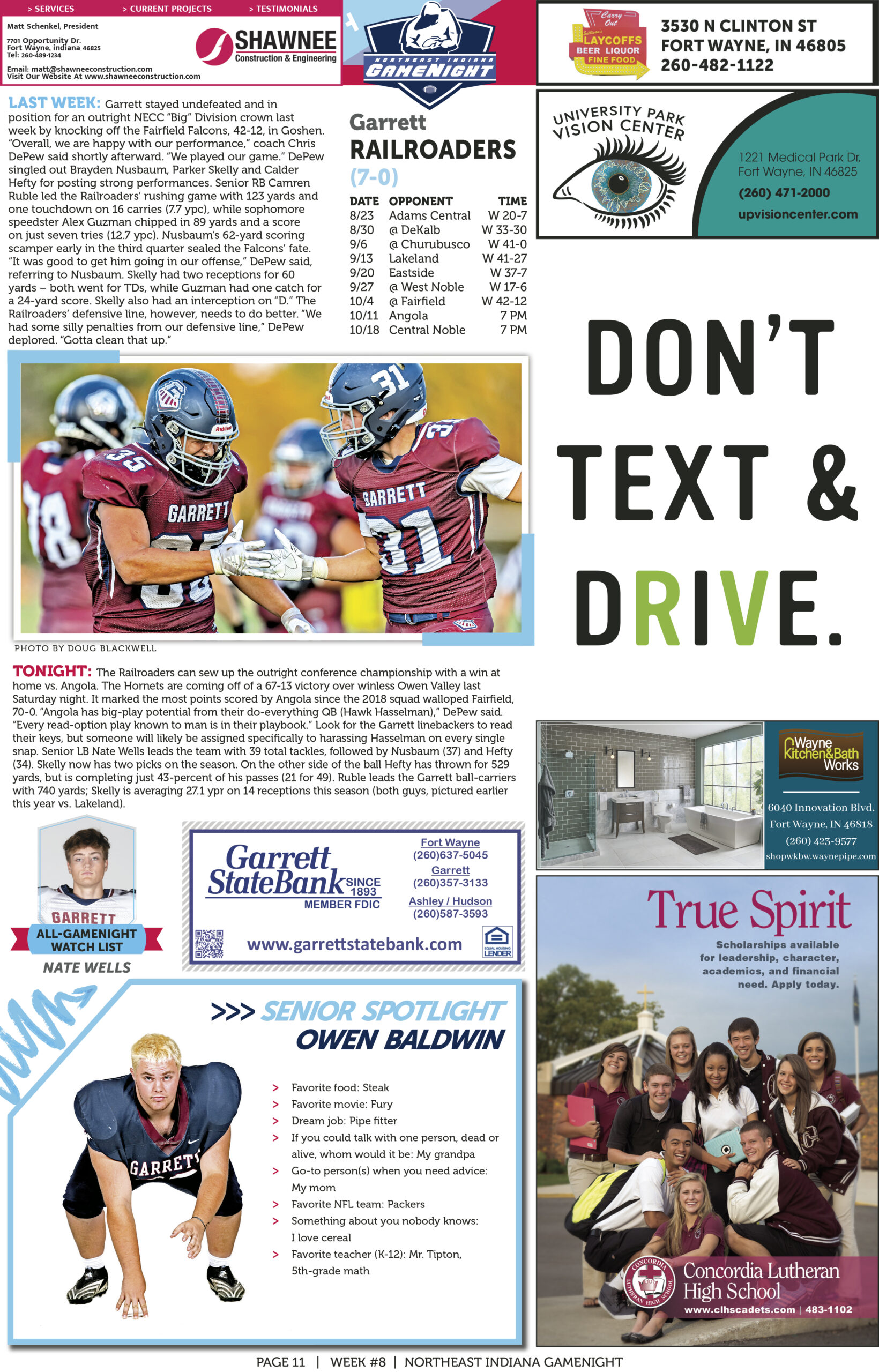 Football players celebrate a touchdown with a text and drive safety message.